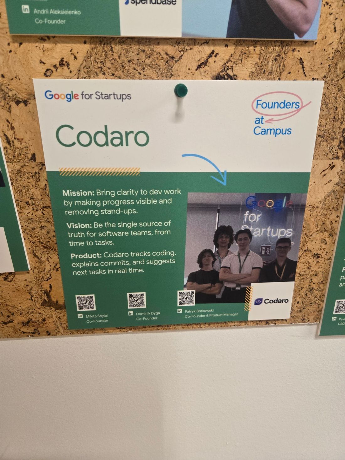 Codaro's card on the Founders at Campus wall: mission, vision and product description with a team photo.