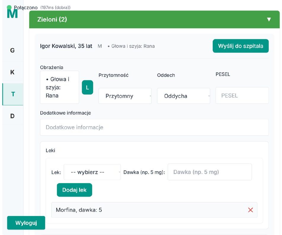 Mass-casualty version of mTriage: a patient card in the green triage group with injuries, consciousness, breathing and medication, and a button to send the patient to hospital.