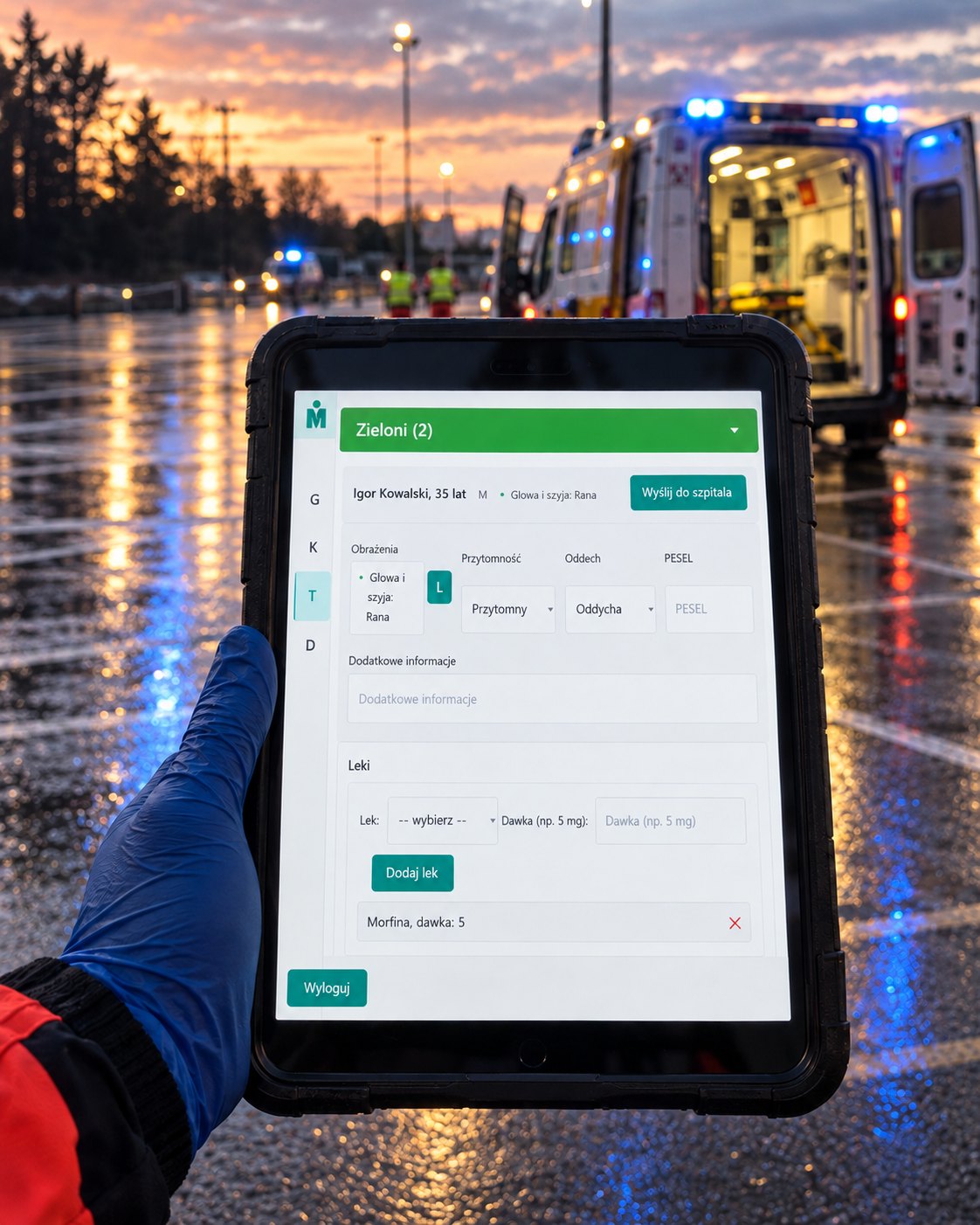 A paramedic’s gloved hand holds a rugged tablet showing an mTriage patient card in the green triage group, with an ambulance and its blue lights on a wet car park at sunset behind.