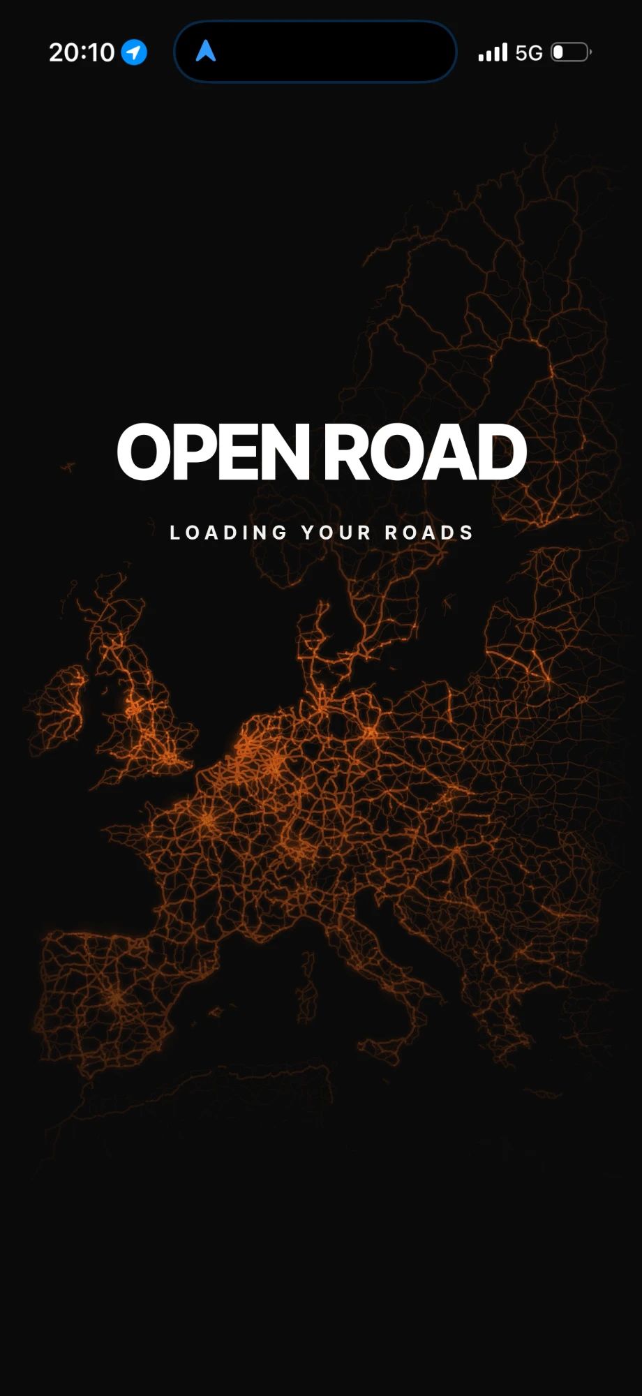 Full-height OpenRoad loading screen showing the heat map of user drives across Europe.